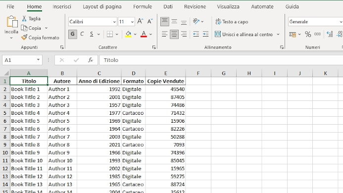 Elenco Excel di libri