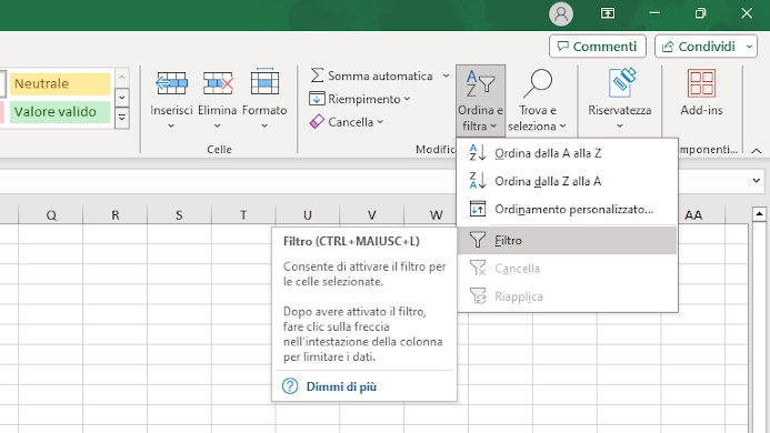 Attivare la funzionalità Filtro di Excel