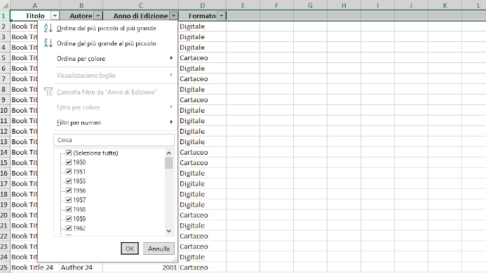 Opzioni del filtro di Excel